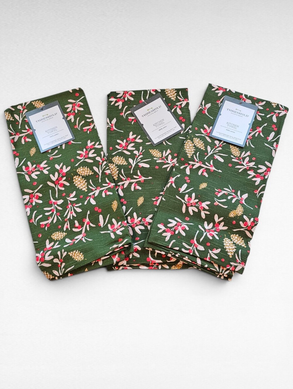 Threshold 3 Pack Cotton Kitchen Towel Green With Winter Berries